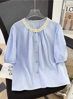 甜美蕾丝花边拼接泡泡袖衬衣上衣女夏季新款宽松减龄短袖蓝色衬衫