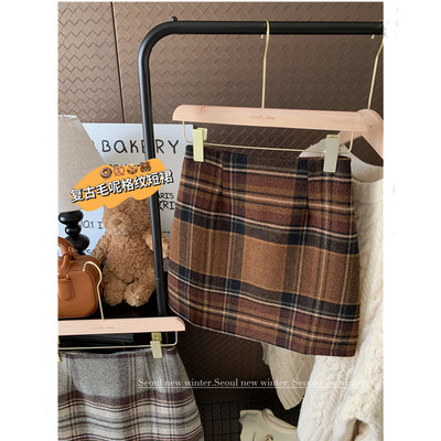 复古格子毛呢半身裙女2025秋冬