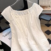 重工刺绣系带方领衬衣女2025夏季 新款 气质显瘦白色飞飞袖 法式 衬衫