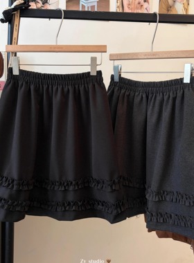 法式双层木耳花边灰色毛呢中裙女冬加厚温暖niu系遮胯蓬蓬半身裙