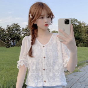 RM21117#法式复古泡泡短袖衬衫女夏季小众刺绣宽松衬衣上衣开衫