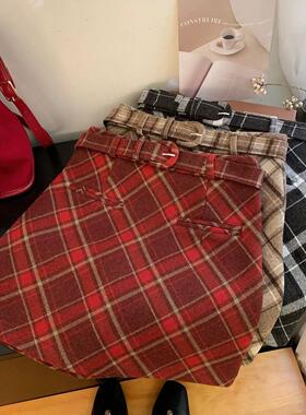复古圣诞红色格纹毛呢半身裙女秋冬高腰小众美式显瘦A字格子短裙