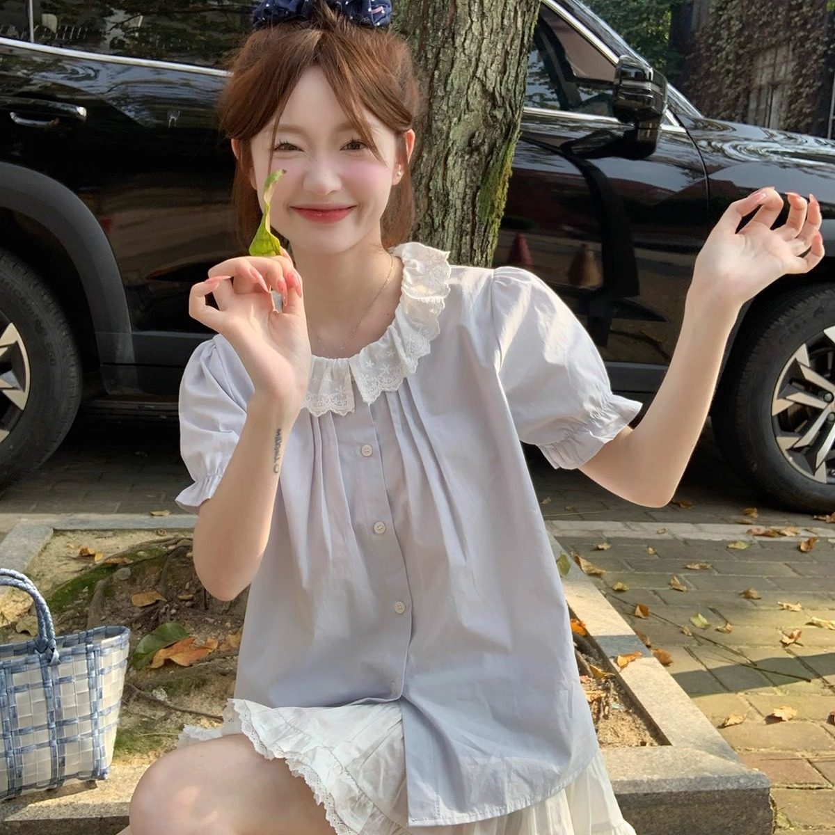 夏季新款泡泡袖蓝色衬衣甜美上衣设计感法式短袖娃娃领短款衬衫女,女装/女士精品,衬衫,淘宝优惠券,粉丝福利购,淘宝优惠卷