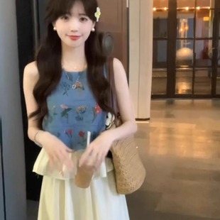 上衣 港风复古牛仔刺绣拼接无袖 背心女夏季 新款 设计感宽松显瘦无袖