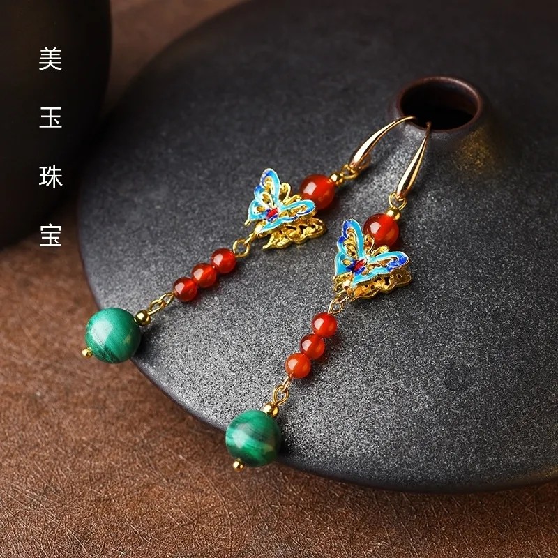 红玛瑙耳环孔雀石蝴蝶景泰蓝复古耳环简约气质长款耳环民族风女