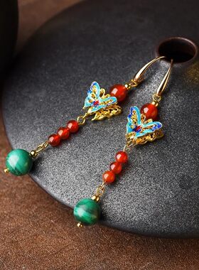 红玛瑙耳环孔雀石蝴蝶景泰蓝复古耳环简约气质长款耳环民族风女