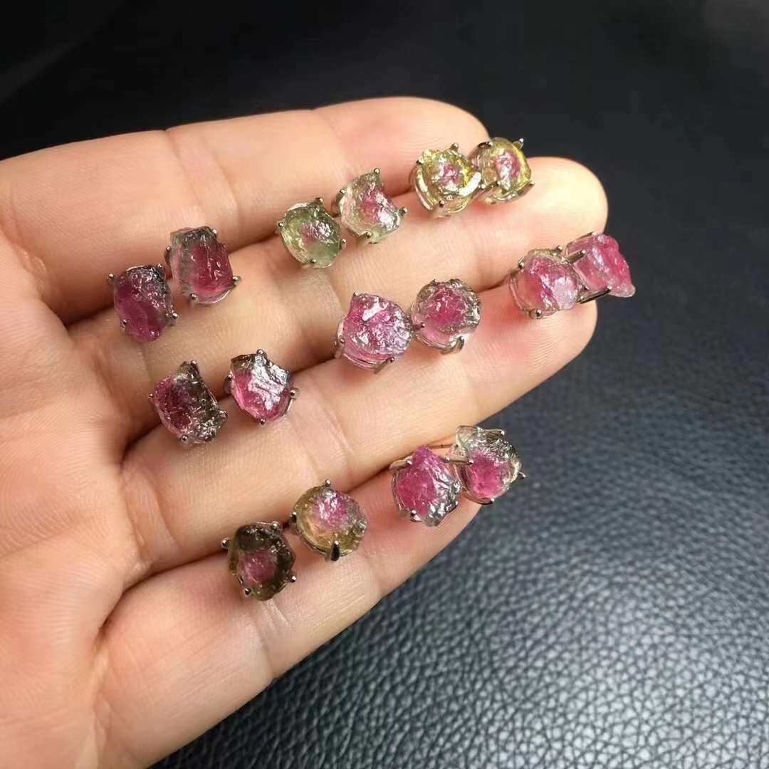 天然西瓜碧玺原石耳钉碎石s925银镶嵌水晶甜美清新简约森系甜美