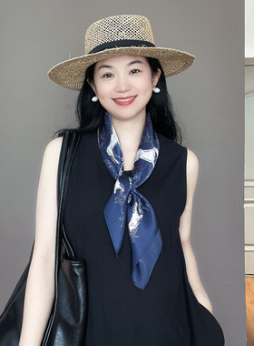 老钱风蓝色真丝丝巾女系脖高级感100%桑蚕丝缎面65方巾装饰领巾