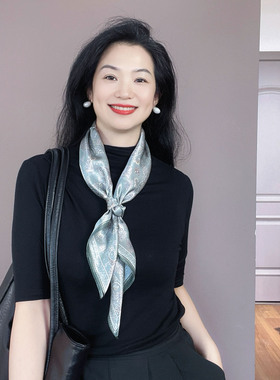 优雅精致！豆青色真丝丝巾女中方巾100%桑蚕丝春秋护颈65领巾围巾