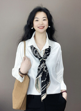 时髦款！黑色棉麻丝巾女士护颈小围脖百搭长条飘带双面山茶花围巾