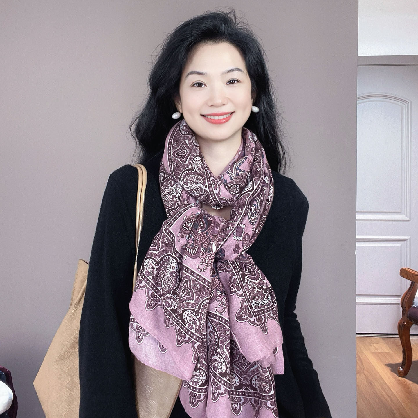 粉紫色腰果碎花围巾女士冬季高级感显白春秋棉麻保暖围脖披肩两用图片