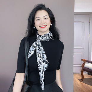 高品质！黑色花纹真丝丝巾女士高级感100%桑蚕丝65中方巾春秋领巾