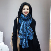 克莱因蓝围巾女冬季 高级感显白烫金星空春秋棉麻保暖围脖披肩两用