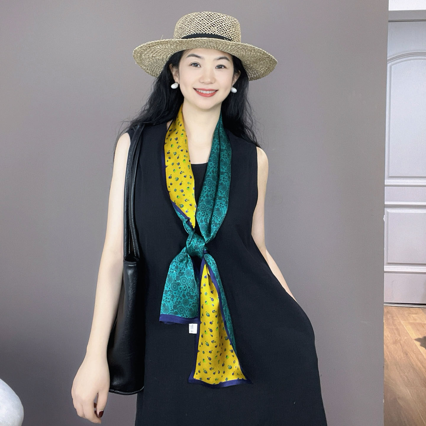 蓝黄拼色100%真丝长条丝巾女桑蚕丝轻奢高级感护颈小围巾飘带领巾