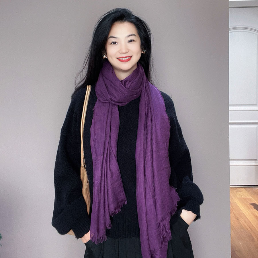 紫色围巾女式春秋薄款棉麻文艺日韩系护颈防寒保暖围脖披肩两用