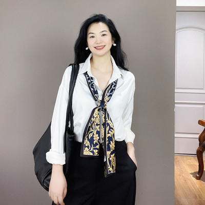 蓝色长条真丝丝巾围巾女时尚洋气高档桑蚕丝春秋薄款配大衣领巾