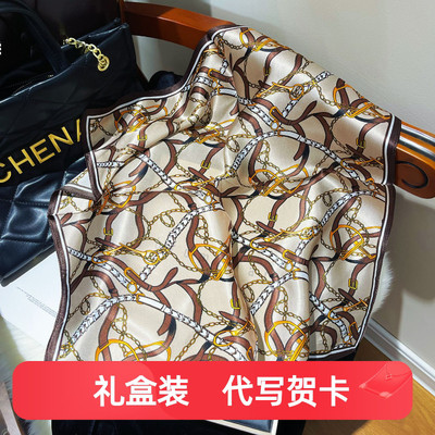 香槟色真丝丝巾女100%桑蚕丝方巾春夏薄款护颈椎时尚洋气高档领巾