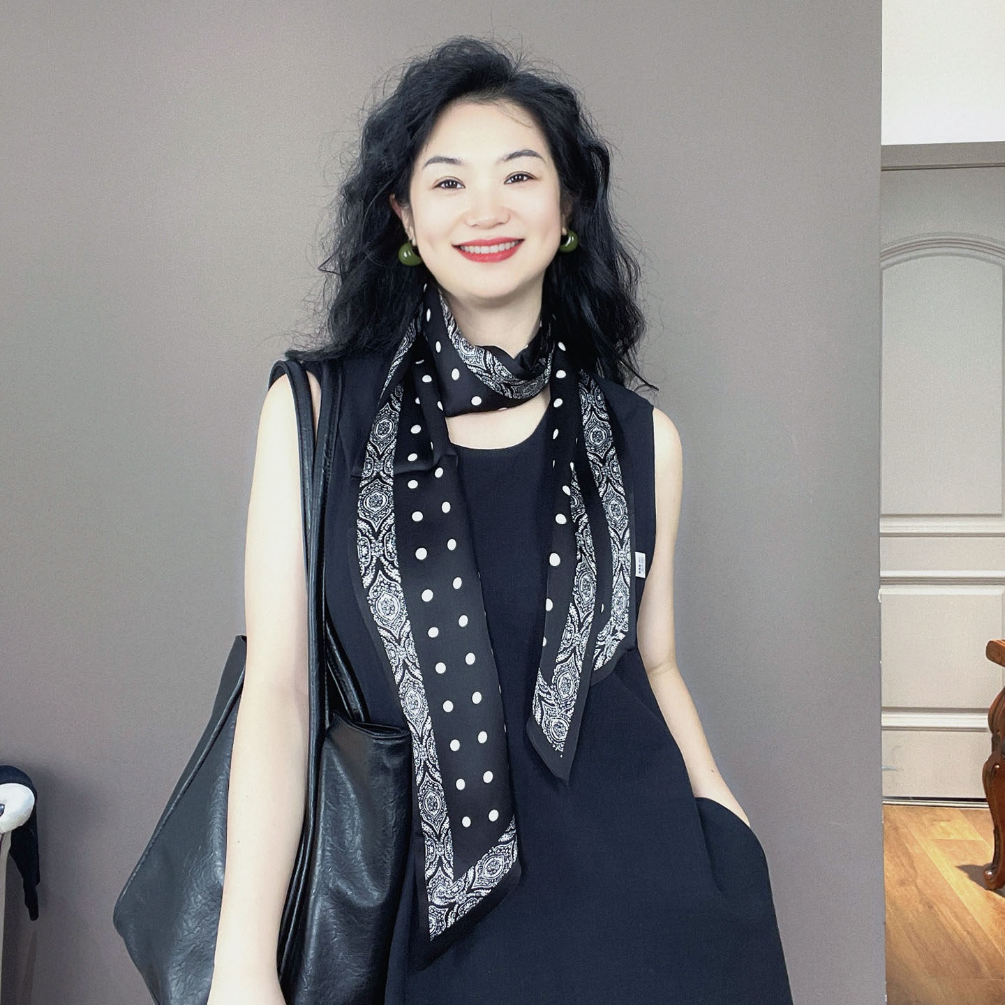 高端！黑色波点长条真丝丝巾女100%桑蚕丝高级感系脖飘带围巾领巾