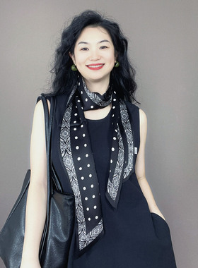 高端！黑色波点长条真丝丝巾女100%桑蚕丝高级感系脖飘带围巾领巾