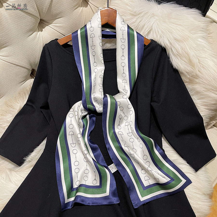 绿色真丝丝巾女春秋百搭100%桑蚕丝双层搭配西装领巾小长条配衬衫