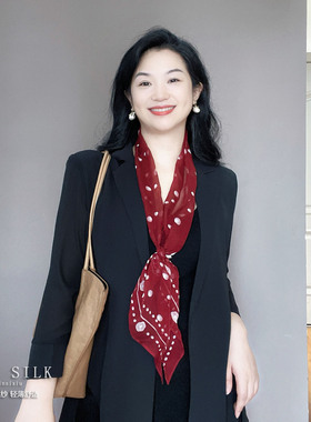 红色山茶花乔其纱长条真丝丝巾女100%桑蚕丝高档护颈装饰围巾纱巾