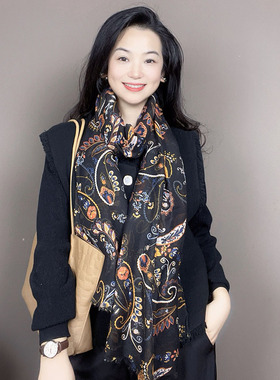 外贸围巾女冬季2025新款黑色图腾腰果百搭高级感春秋保暖护颈围脖