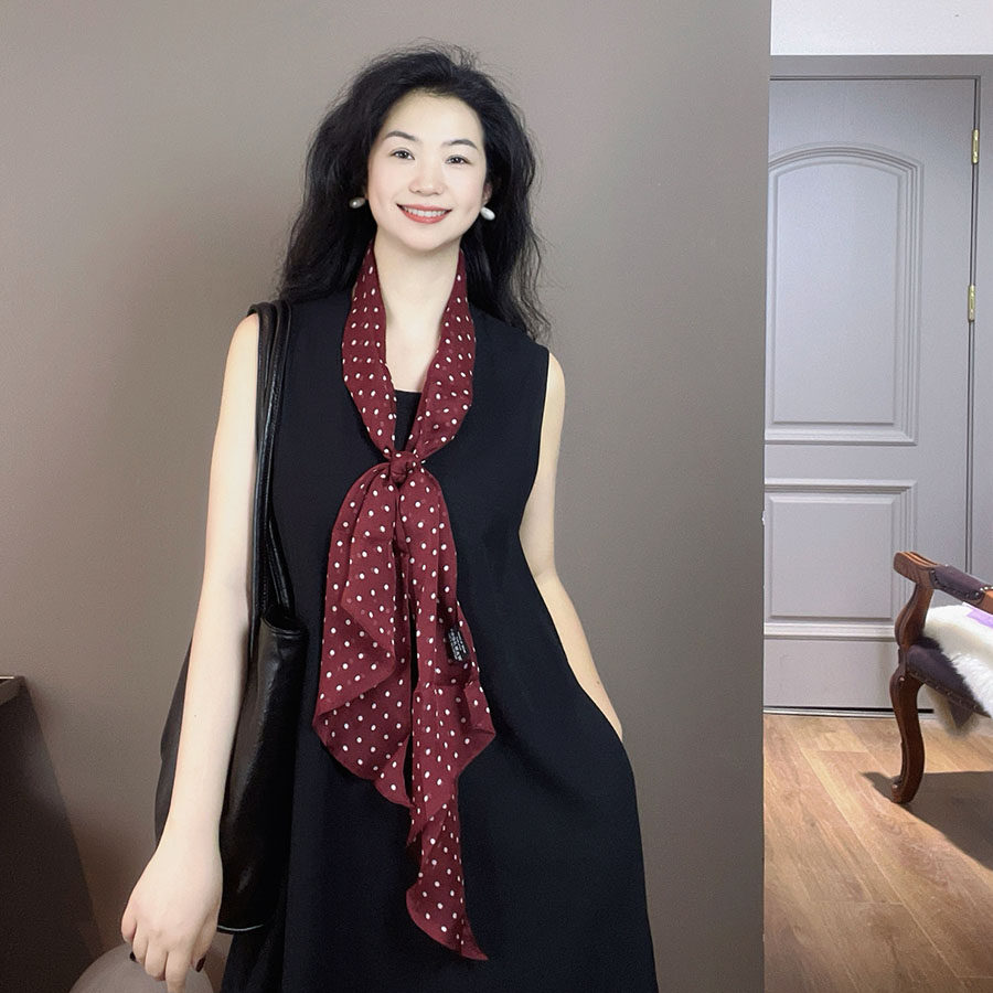 轻奢高级感！酒红色波点100%桑蚕丝真丝丝巾女多功能护颈春夏围巾