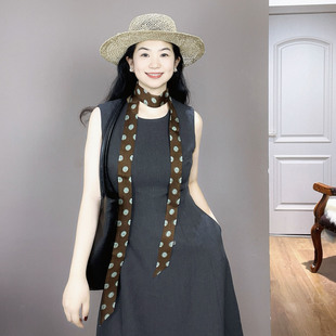 轻奢高级感!焦糖色波点细长条真丝丝巾女2026新款双层桑蚕丝飘带