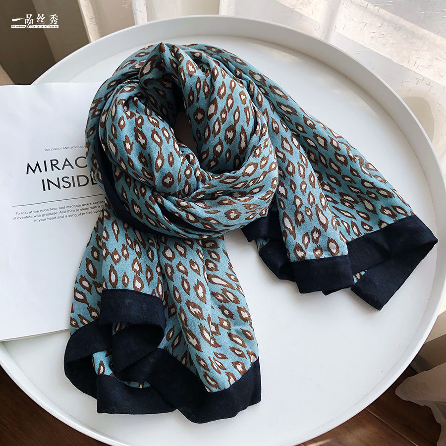 韩国东大门围巾女冬季韩版百搭绿色豹纹包边围脖春秋加厚围脖披肩