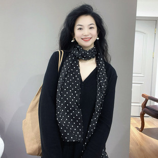 高级感！赫本风黑色波点长条真丝丝巾女春秋薄款夏季护颈100%桑蚕