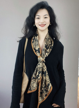 轻奢款！黑色图腾棉麻围巾女春秋薄款护颈装饰长条飘带丝巾小围脖