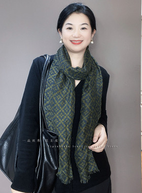 橄榄绿复古碎花围巾女冬季高级感棉麻时尚气质春秋薄丝巾保暖围脖