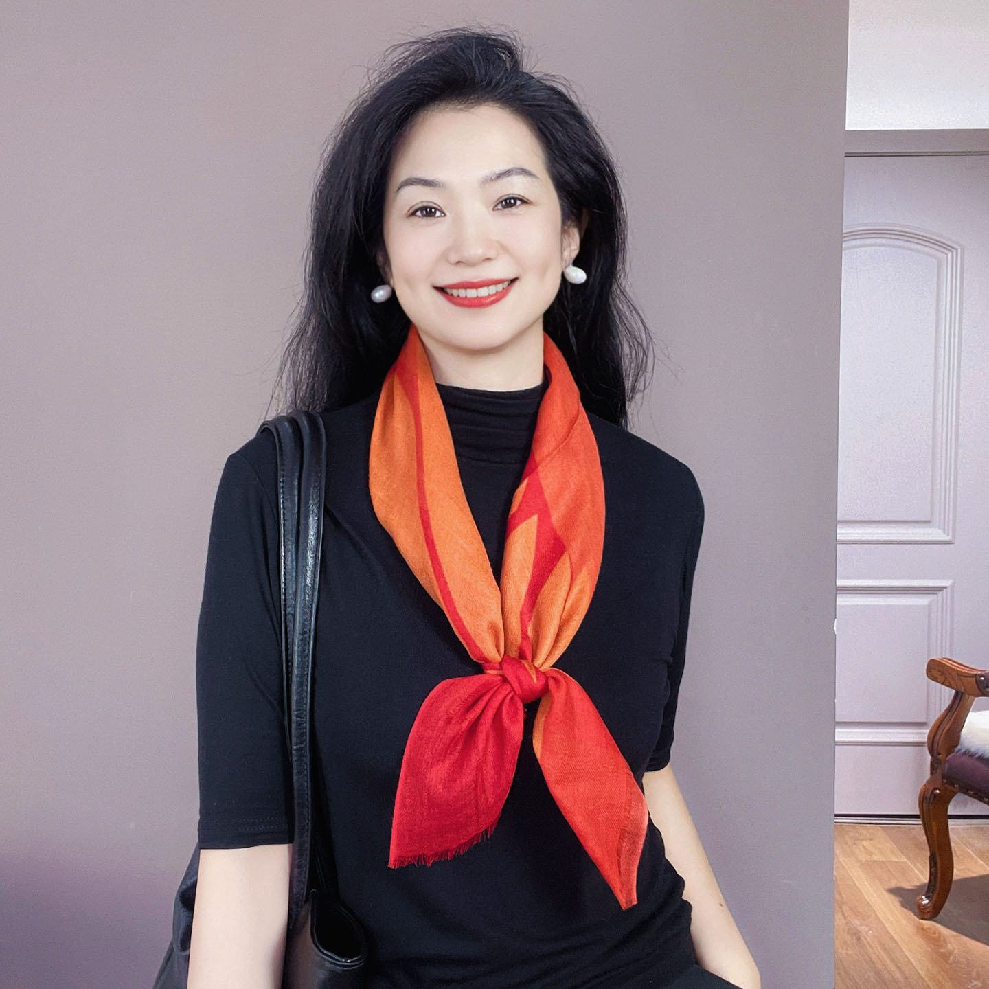 高档！橘红色100%山羊绒围巾女高级感护颈装饰65方巾秋冬保暖围脖