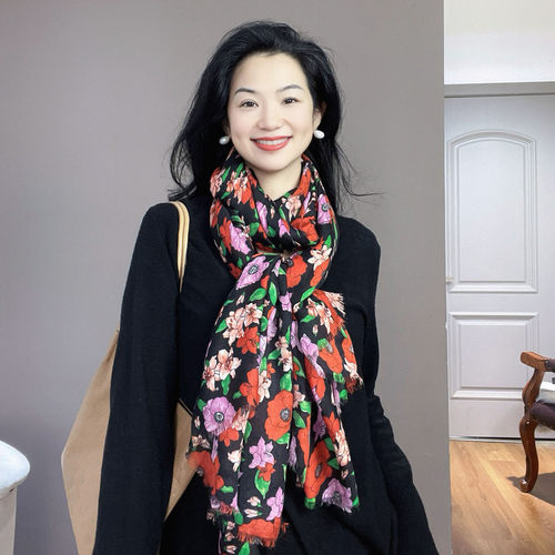 美院艺术风格！红黑色花围巾女士秋冬季棉麻百搭简约保暖披肩围脖