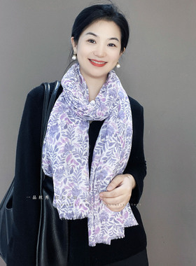 紫色印花烫金棉麻围巾女春秋护颈保暖防寒高级感纱巾披肩围脖丝巾