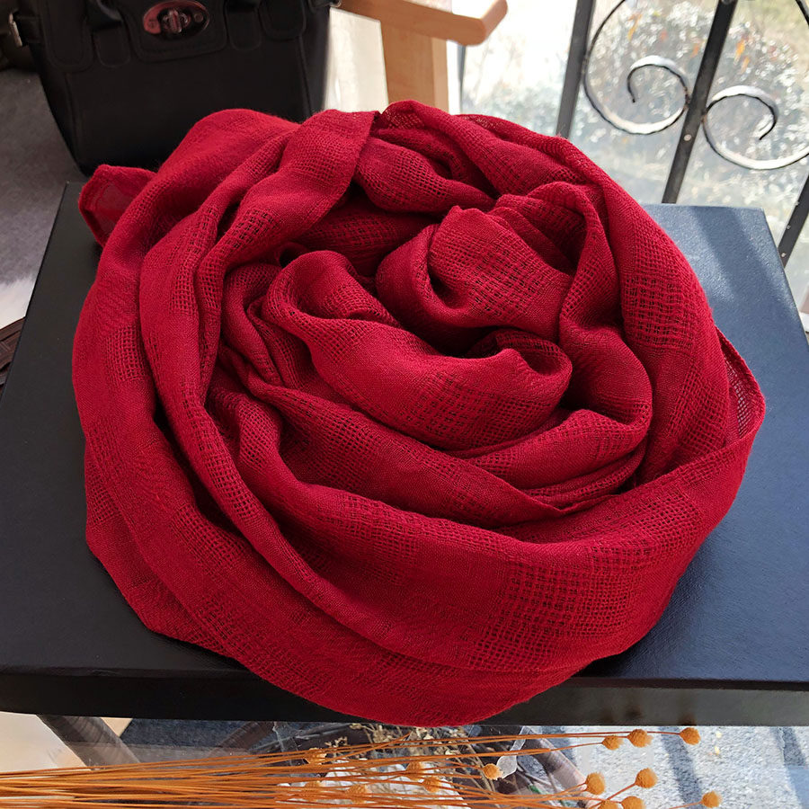 安可拉红围巾女棉麻纯色亚麻韩版百搭春秋薄款长款日系文艺丝巾
