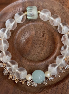 石头的日记  稀有高品质天然白幽灵水晶配海蓝宝珍珠绿萤石手串