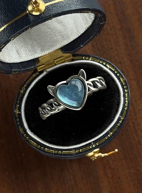 设计感翅膀爱心高品质天然海蓝宝水晶925纯银复古质感戒指可调节