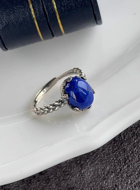 复古质感高品质天然青金石925纯银镶嵌十字架包边设计戒指可调节