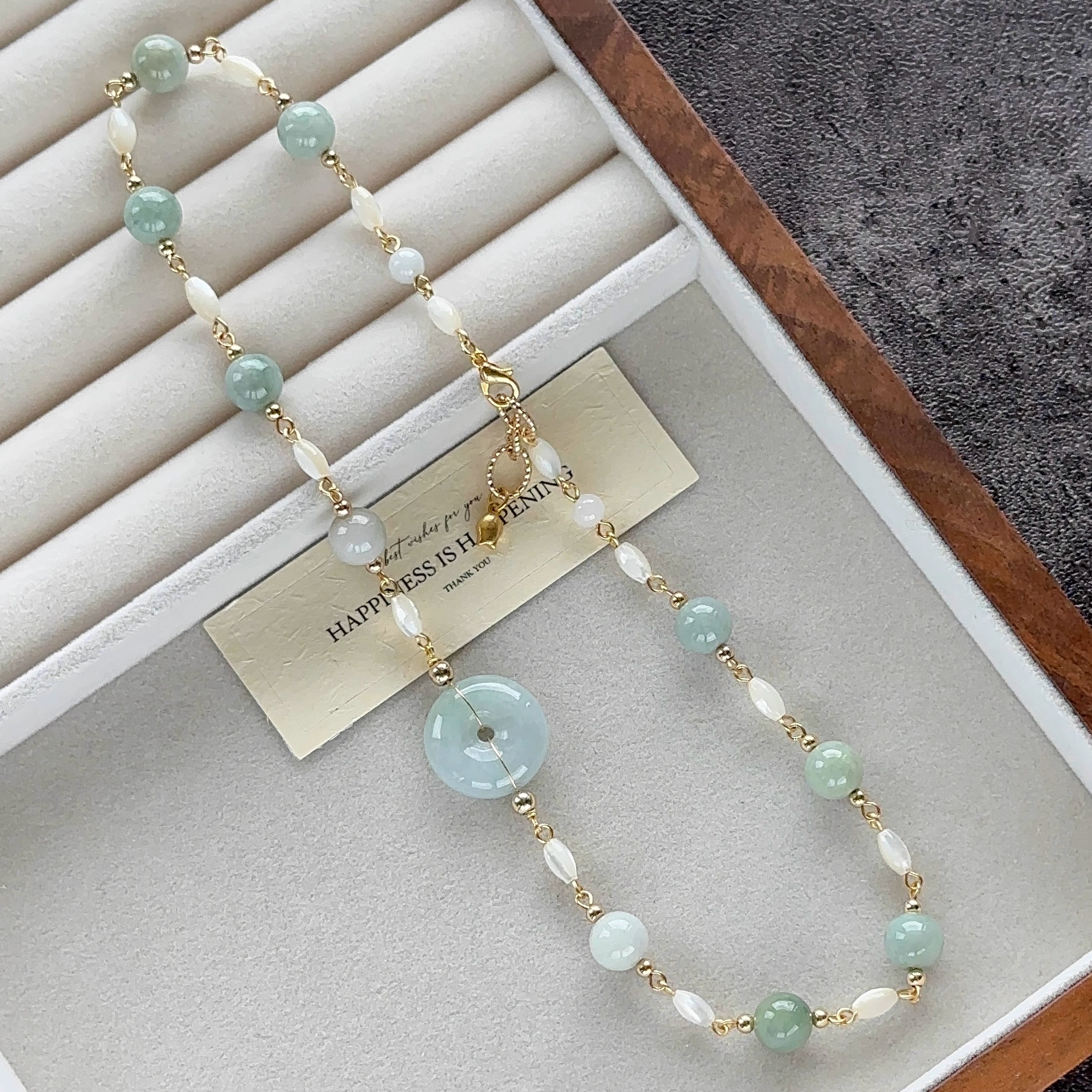 石头的日记 清新古典的A货翡翠平安扣配白蝶贝铜镀金项链孤品