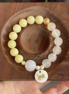 石头的日记  古典温柔天然柠檬玉白玛瑙珍珠可爱猫咪贝壳手串