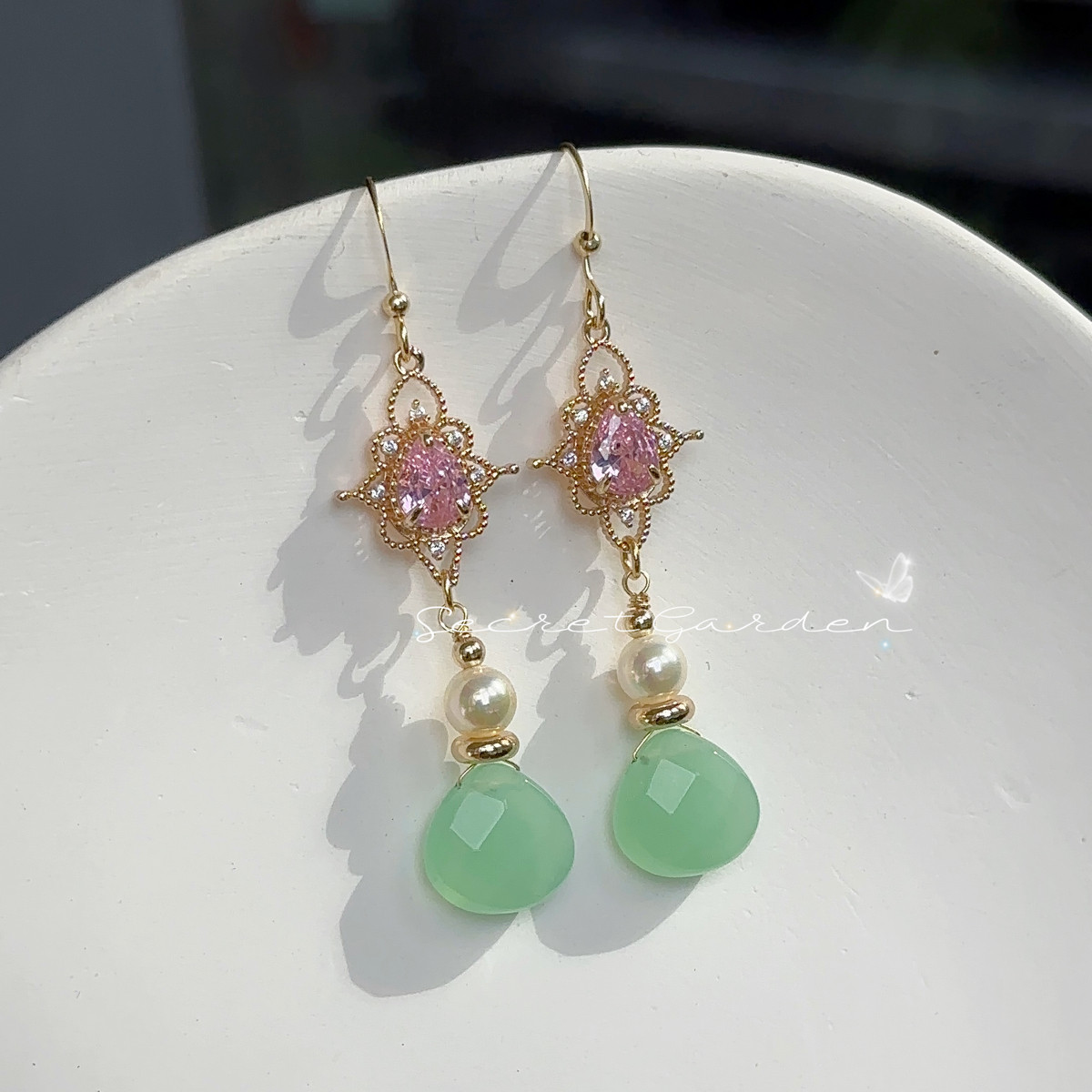 石头的日记 超美古典清新天然石闪烁铜镀金粉色锆石珍珠耳环