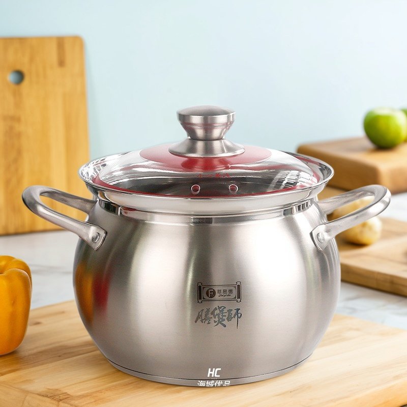 加厚304不銹鋼大容湯鍋鼓形設計