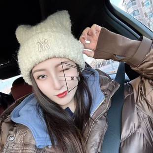 韩国MLB专柜正品 可爱猫耳朵刺绣标针织毛线帽潮3ABNB1156 25秋冬款