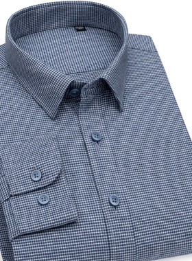 var秋冬新款男士长袖蓝色千鸟格衬衫爸爸装磨毛休闲法兰绒打底衫