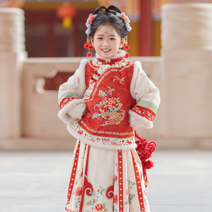 汉服女童冬装2026马年儿童明制马面裙套装小女孩加厚新年装拜年服