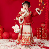 汉服女童冬装 宝宝中国风明制两件套唐装 小女孩古风喜庆过年拜年服