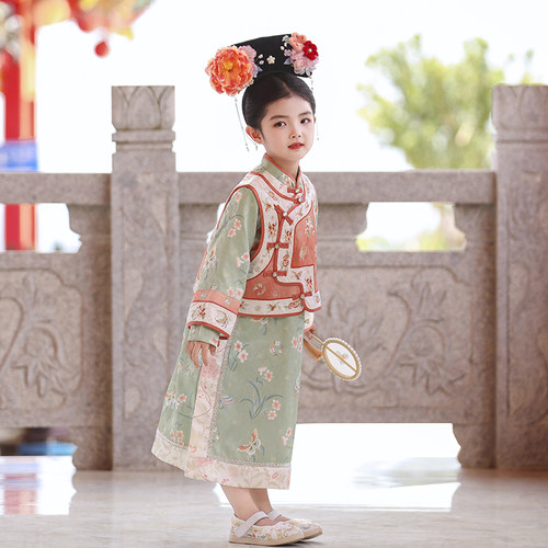 茗楠汉服女童2026春季新款格格服旗袍儿童中国风宫廷全绣马甲古装