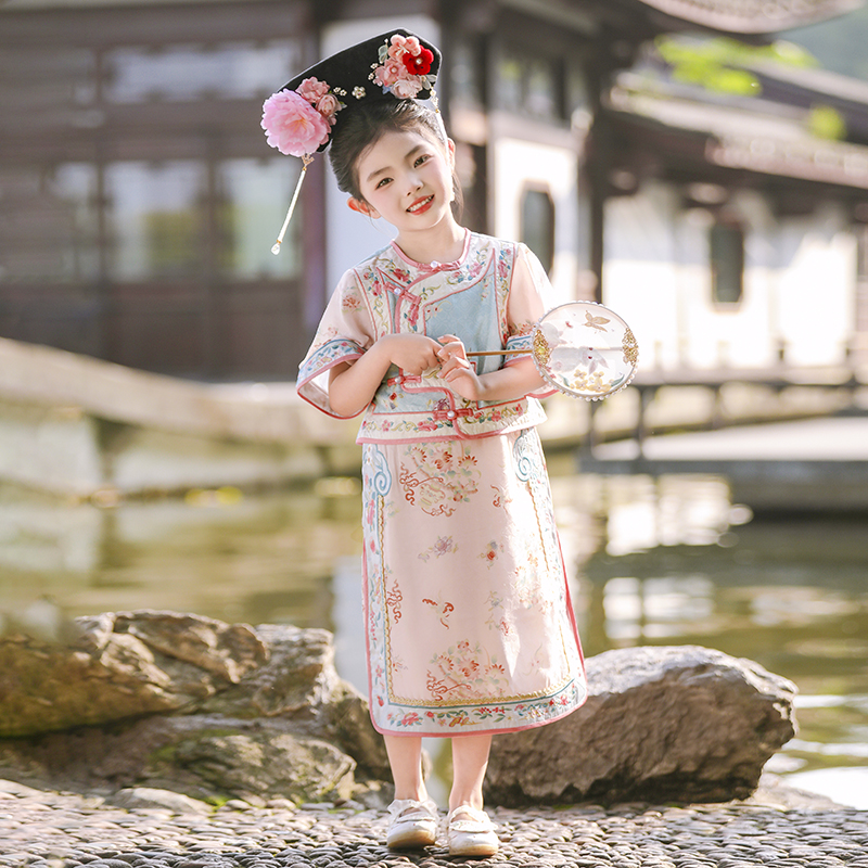 原创汉服女童夏装儿童故宫刺绣短袖格格服连衣裙中国风轻薄旗袍裙