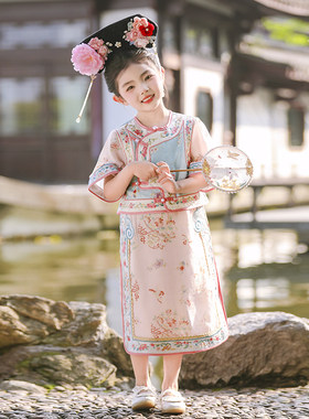 原创汉服女童夏装儿童故宫刺绣短袖格格服连衣裙中国风轻薄旗袍裙